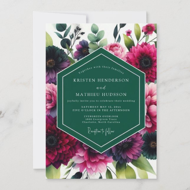 Invitación Boda Romántica Botánica Magenta Profundo (Anverso)