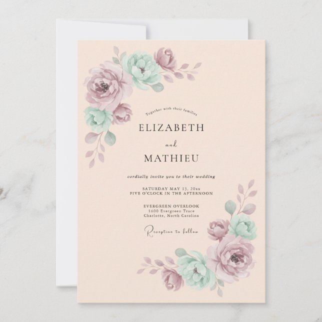 Invitación Boda Romántica Botánica Malva Menta (Anverso)