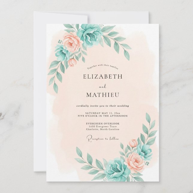 Invitación Boda Romántica Botánica Melocotón Verde (Anverso)