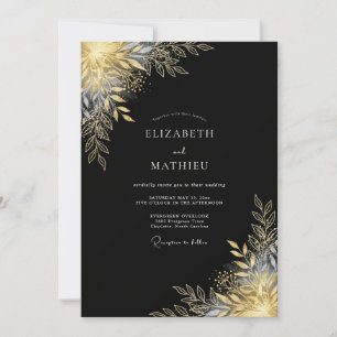 Invitación Boda Romántica Botánica Metálica Dorada