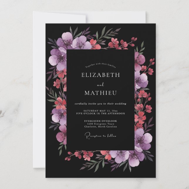 Invitación Boda Romántica Botánica Morado Ciruela (Anverso)