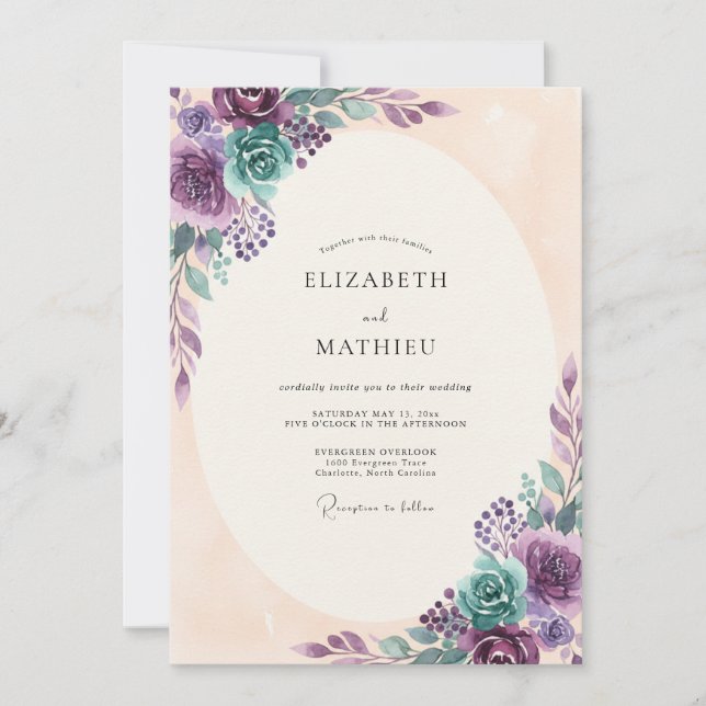 Invitación Boda Romántica Botánica Morado Turquesa (Anverso)