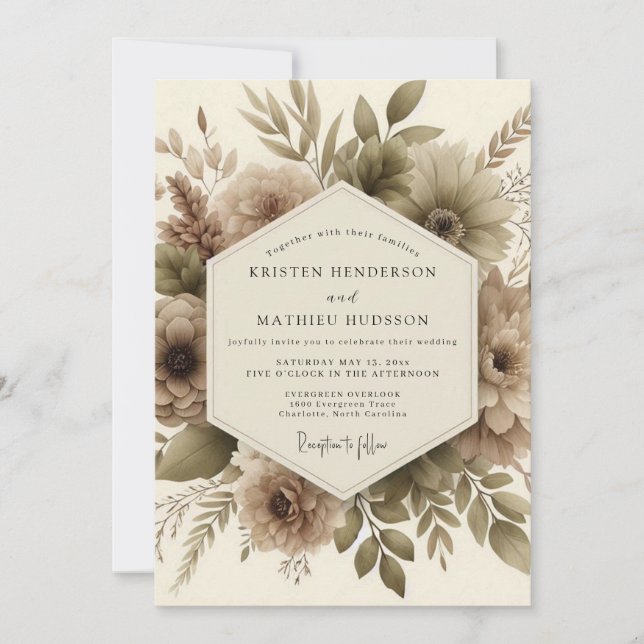 Invitación Boda Romántica Botánica Otoñal Beige (Anverso)