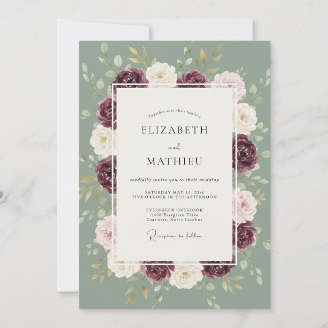 Invitación Boda Romántica Botánica Pintoresca de Ciruela (Anverso)