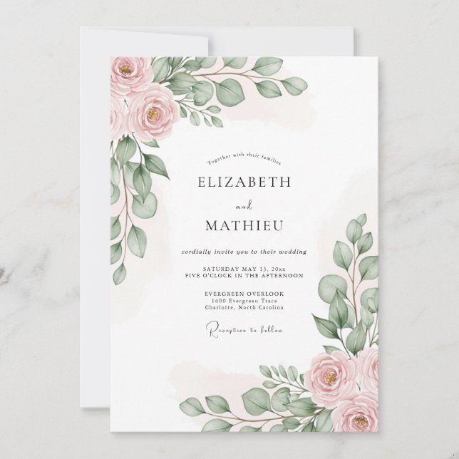 Invitación Boda Romántica Botánica Rosa (Anverso)