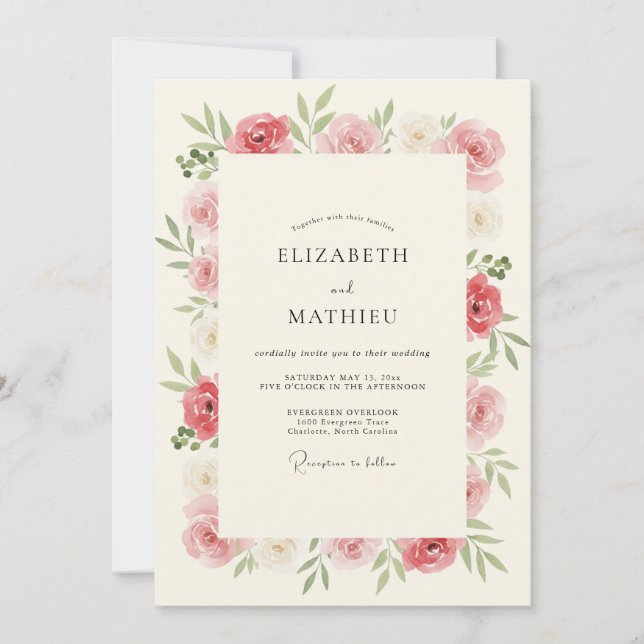 Invitación Boda Romántica Botánica Rosa (Anverso)