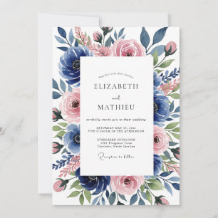 Invitación Boda Romántica Botánica Rosa Azul