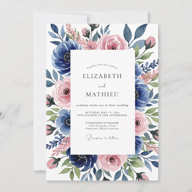 Invitación Boda Romántica Botánica Rosa Azul (Anverso)