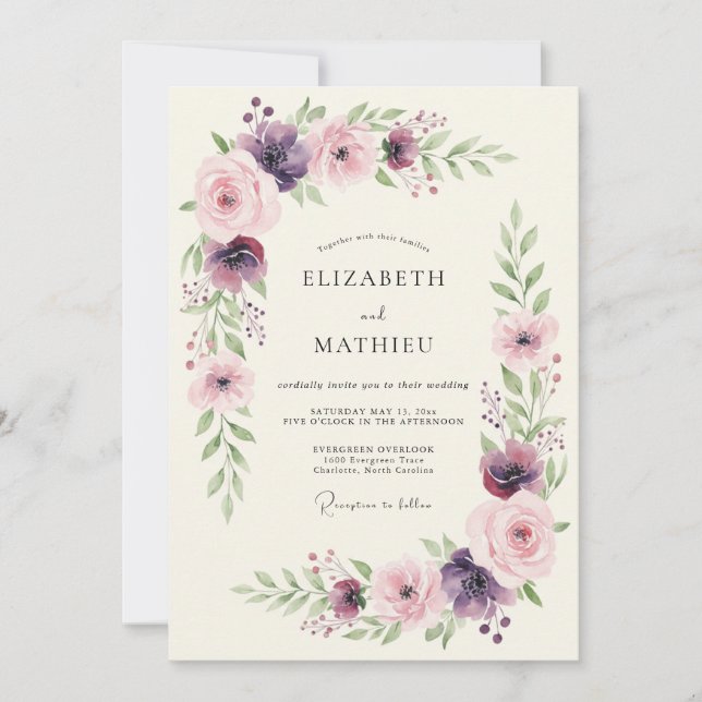 Invitación Boda Romántica Botánica Rosa Ciruela (Anverso)