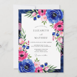 Invitación Boda Romántica Botánica Rosa Cobalto