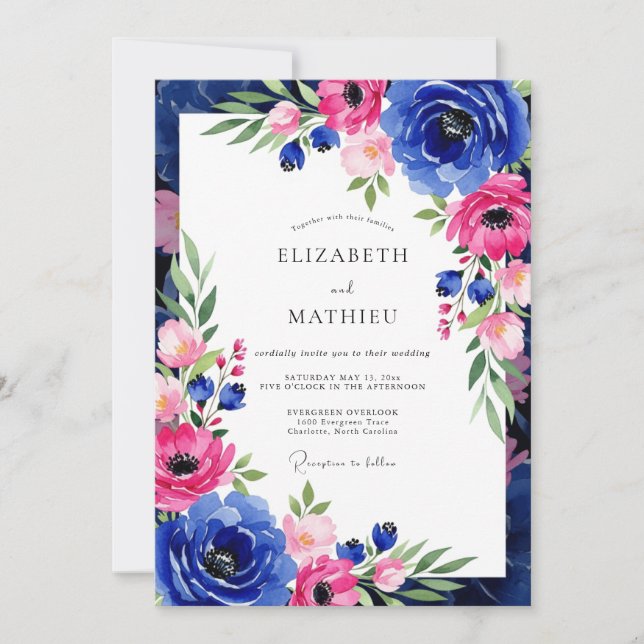 Invitación Boda Romántica Botánica Rosa Cobalto (Anverso)