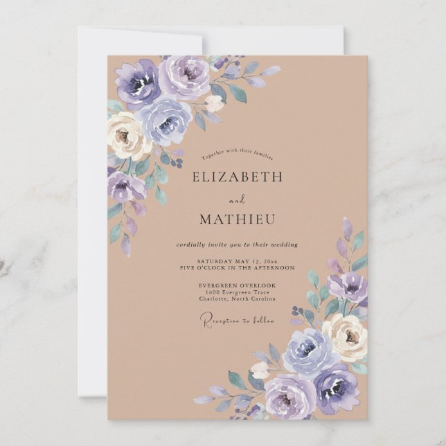 Invitación Boda Romántica Botánica Rosa Lavanda (Anverso)