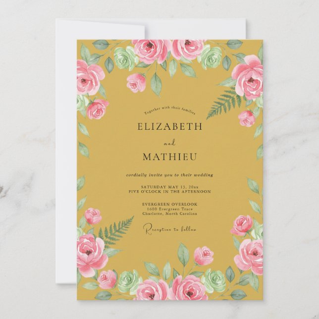 Invitación Boda Romántica Botánica Rosa Ocra (Anverso)