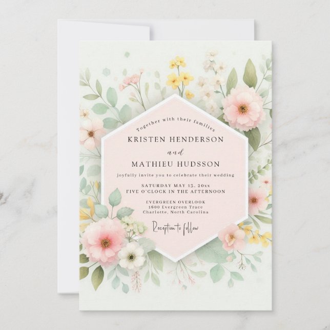 Invitación Boda Romántica Botánica Rosa Pálido (Anverso)