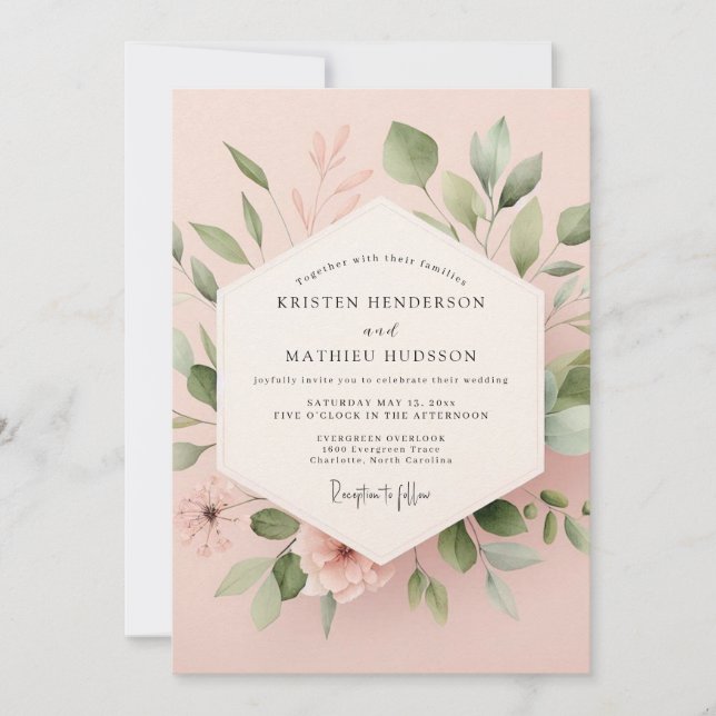 Invitación Boda Romántica Botánica Rosa Rubor (Anverso)