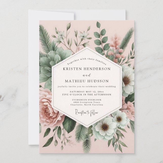 Invitación Boda Romántica Botánica Rubor (Anverso)