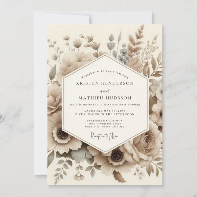 Invitación Boda Romántica Botánica Sepia (Anverso)