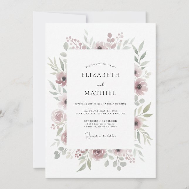 Invitación Boda Romántica Botánica Suave Malva (Anverso)