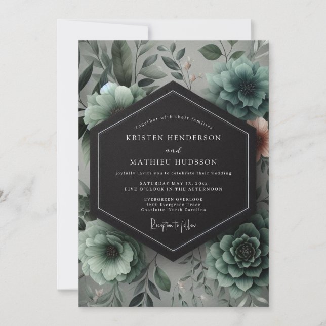 Invitación Boda Romántica Botánica Turquesa (Anverso)