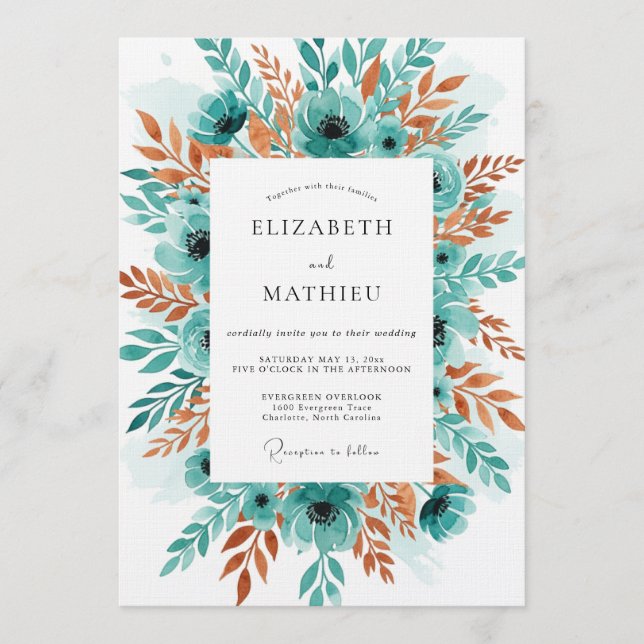 Invitación Boda Romántica Botánica Turquesa (Anverso)