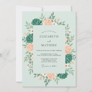 Invitación Boda Romántica Botánica Verde Azul Menta