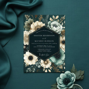Invitación Boda Romántica Botánica Verde Azul Profundo