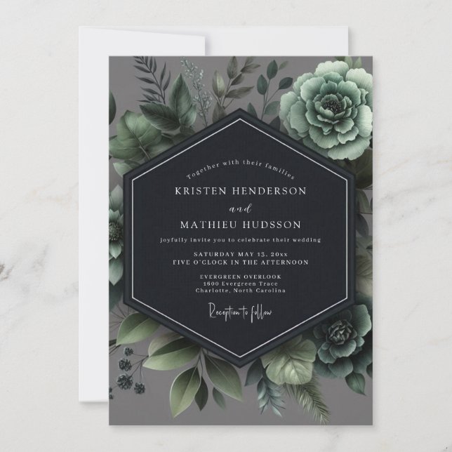 Invitación Boda Romántica Botánica Verde Pizarra (Anverso)