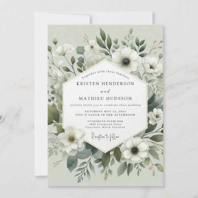 Invitación Boda Romántica Botánica Verde Salvia (Anverso)