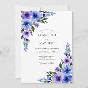 Invitación Boda Romántica Botánica Violeta Azul