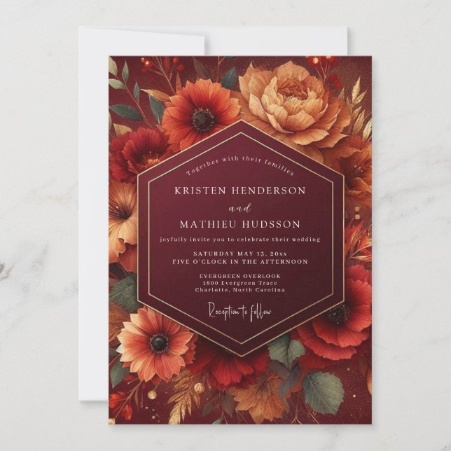 Invitación Boda Romántica Burgundy Bloom (Anverso)