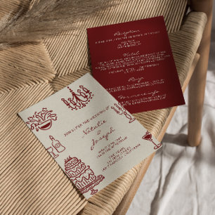 Invitación Boda Romántica Burgundy Dibujada a Mano Todo en Un
