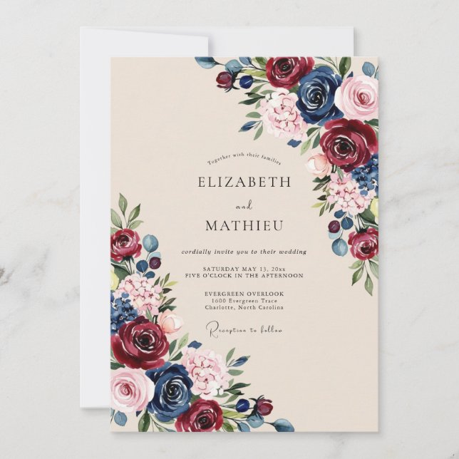 Invitación Boda Romántica Burgundy Marina (Anverso)