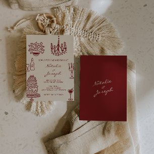 Invitación Boda Romántica Caprichosa Burgundy Dibujada a Mano