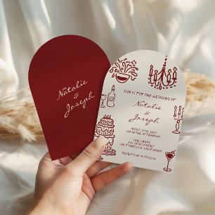 Invitación Boda romántica caprichosa de Borgoña con arco dibu