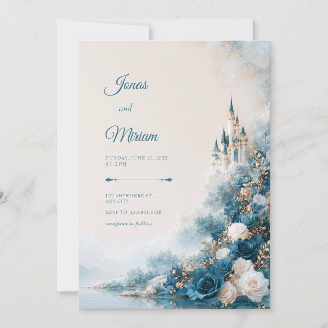 Invitación Boda Romántica Castillo Lagoside Rosa Verde (Anverso)
