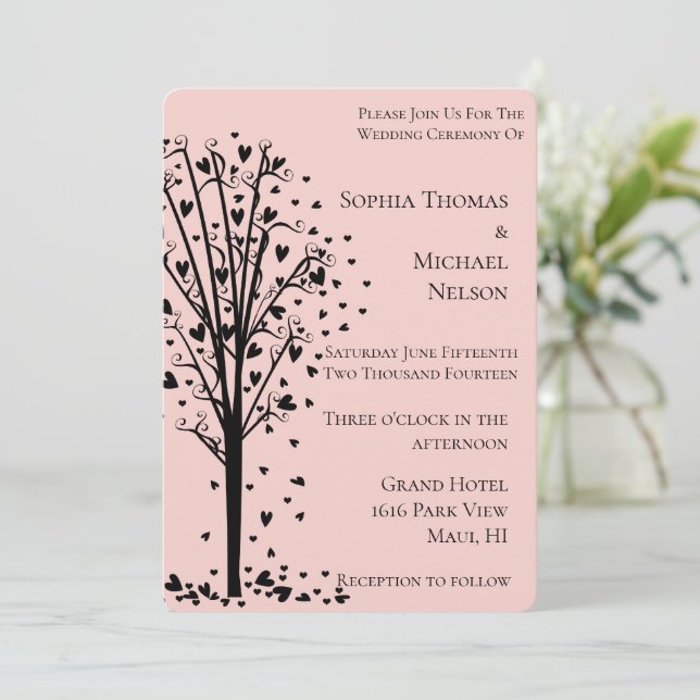 Invitación Boda Romántica Chic Corazones Árbol Rubor (Anverso de pie)