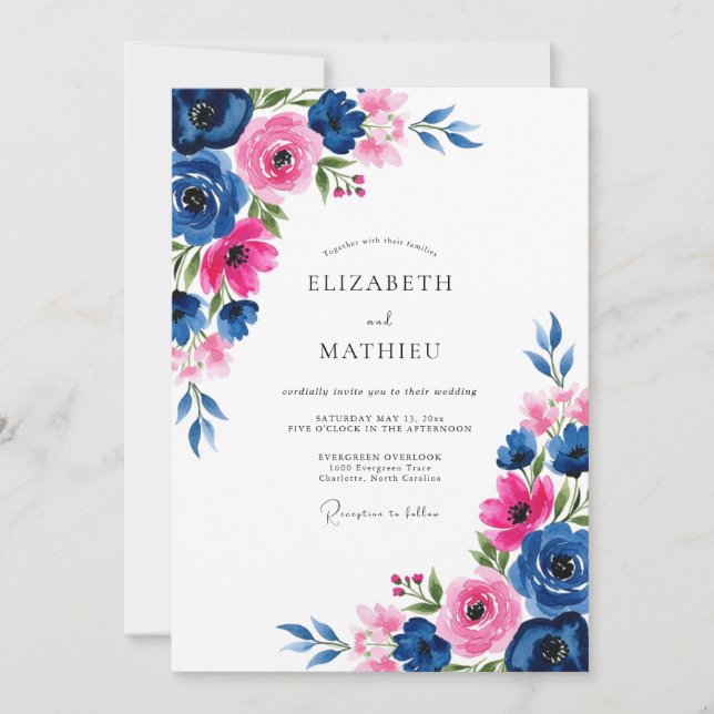 Invitación Boda Romántica con Acuarela de Fuchsia Marina (Anverso)