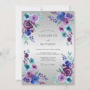 Invitación Boda Romántica con Acuarela de Morado y Turquesa
