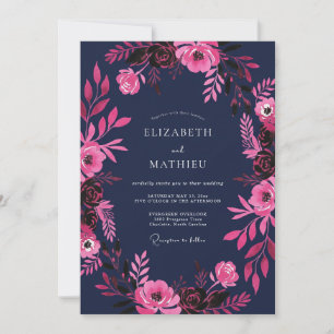 Invitación Boda Romántica con Acuarela Floral Magenta de la M