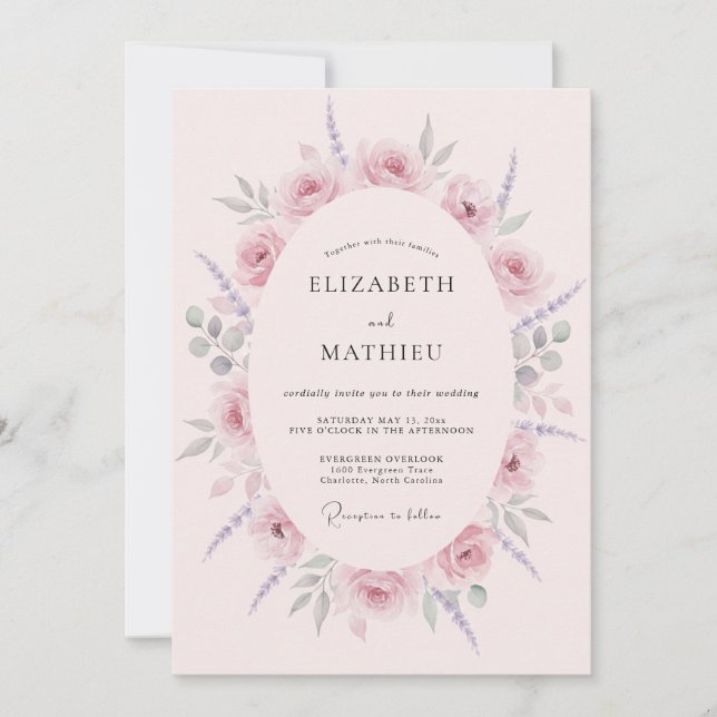 Invitación Boda Romántica con Acuarela Rosa Claro (Anverso)