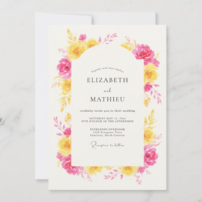 Invitación Boda Romántica con Arco Floral Amarillo Rosa (Anverso)