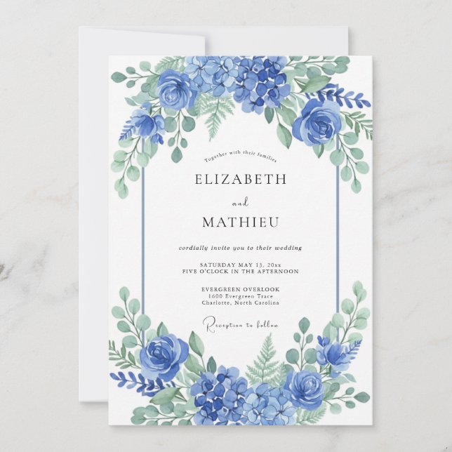 Invitación Boda Romántica con Arco Floral Azul (Anverso)