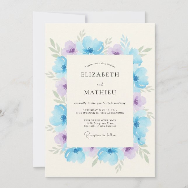Invitación Boda Romántica con Arco Floral Azul Celeste (Anverso)