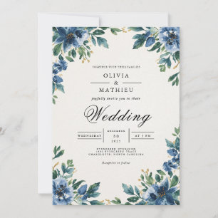 Invitación Boda Romántica con Arco Floral Azul Profundo