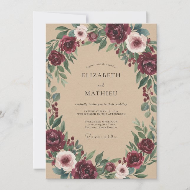 Invitación Boda Romántica con Arco Floral de Borgoña (Anverso)