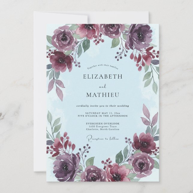 Invitación Boda Romántica con Arco Floral de Ciruela (Anverso)