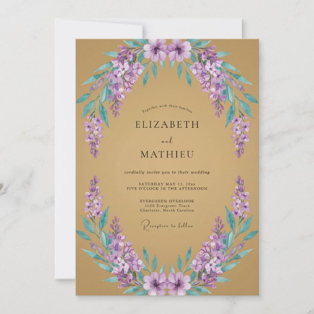 Invitación Boda Romántica con Arco Floral de Lavanda (Anverso)