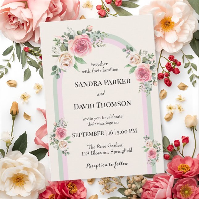 Invitación Boda Romántica con Arco Floral de Pastel Suave  (Subido por el creador)