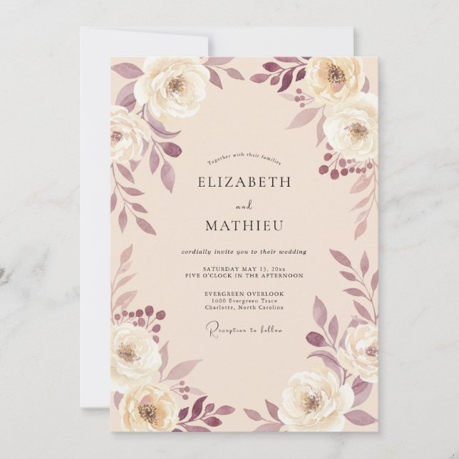 Invitación Boda Romántica con Arco Floral Malva (Anverso)