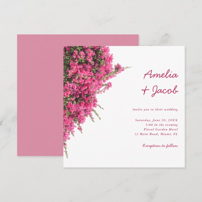 Invitación Boda Romántica con Buganvilla Rosa Acuarela (Anverso / Reverso)